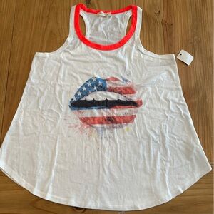 Women's White Tank Top with American Flag Lips Design